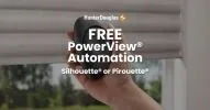 Close-up of a hand holding a black remote control for HunterDouglas PowerView automation system, with window blinds in the background.