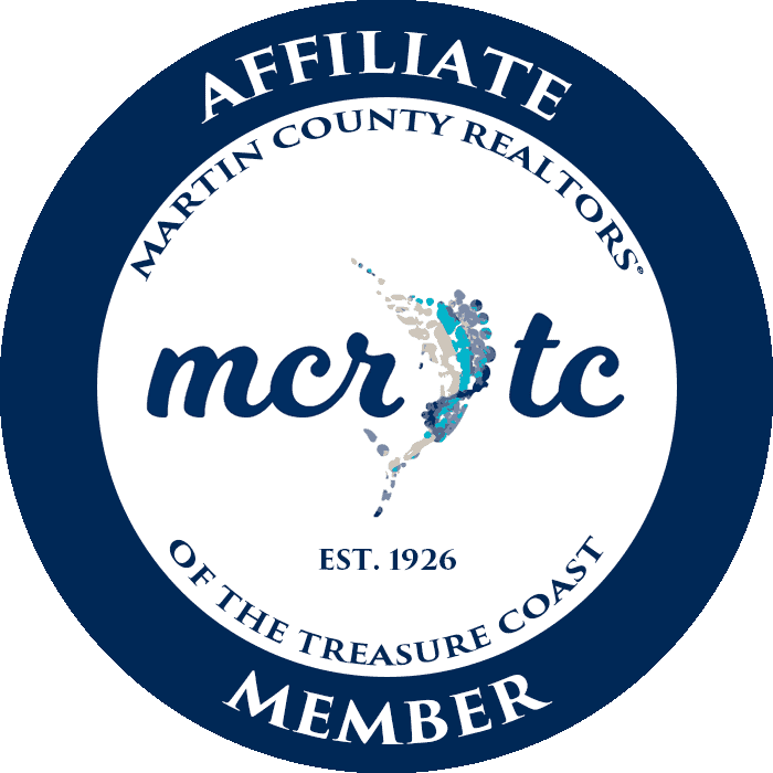 Logo of Martin County Realtors Affiliate featuring a map of Martin County, Florida, with the text "mcr" and "tc" and the establishment year 1926.