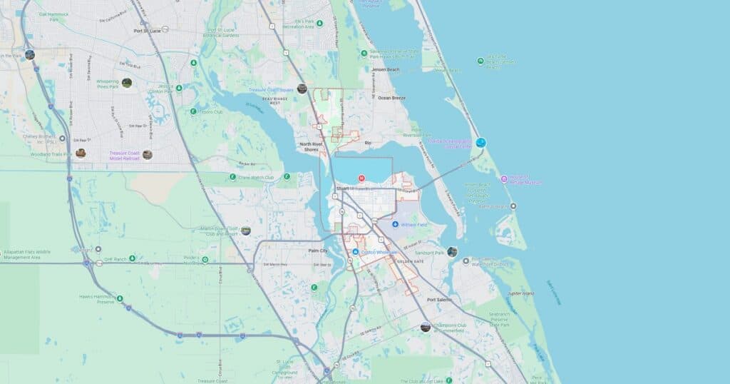 Detailed map of Miami showing transit lines, roads, and waterways, highlighting transportation routes and city layout.