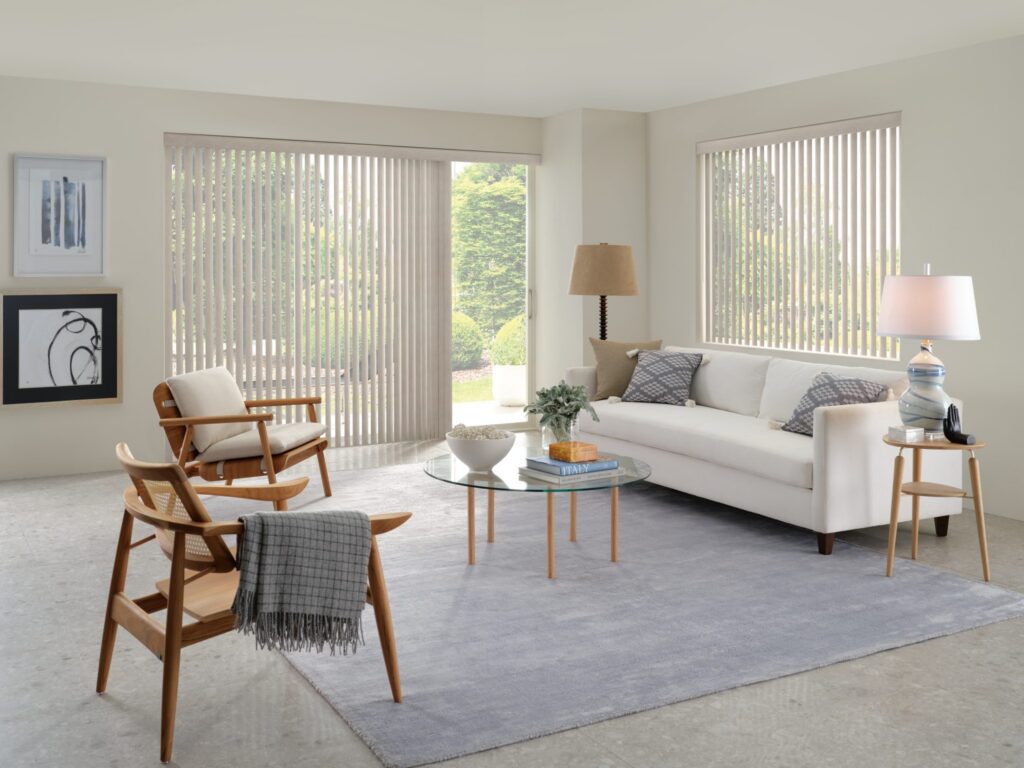 Hunter Douglas Vertical Blinds in Bondi Sandhills in a living room